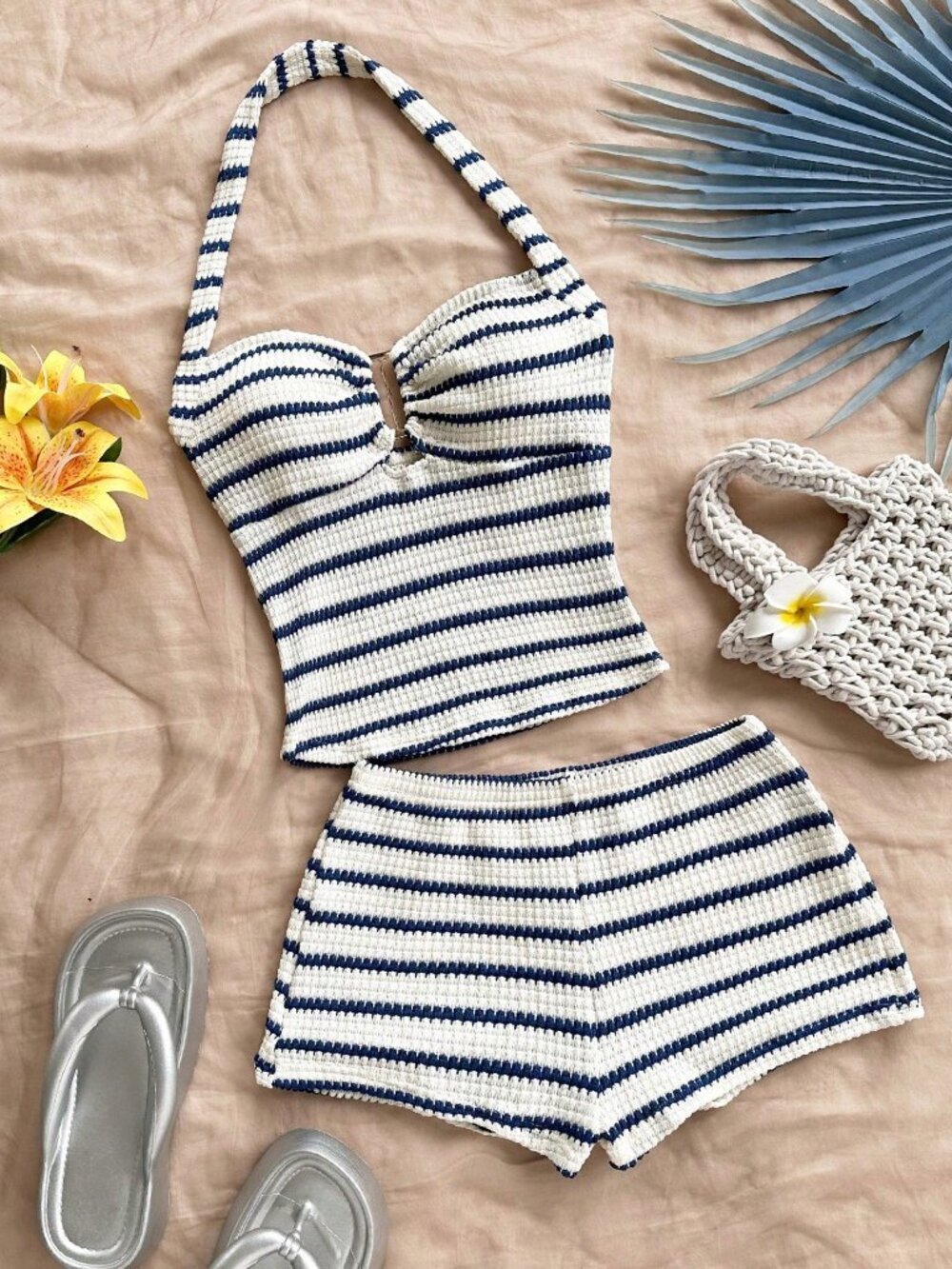 Blue And White Casual Women's Vacation Striped Halter Top And Shorts coord Set
